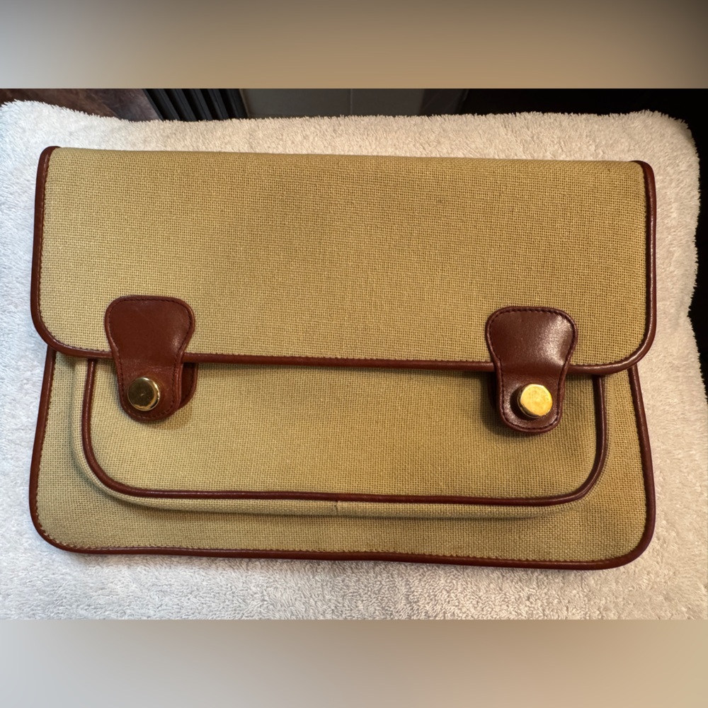 Salvatore Ferragamo Beige Canvas Clutch with Brown Leather Trim
